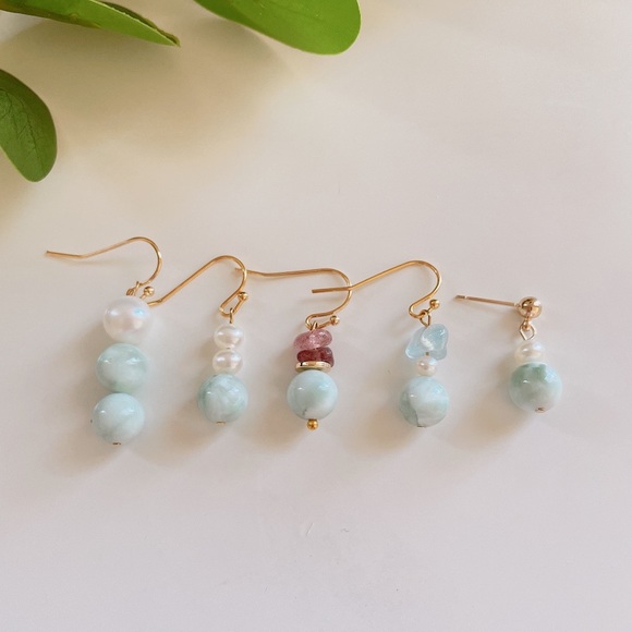 Handmade Natural Green Larimar Pearl Earrings - Picture 3 of 8